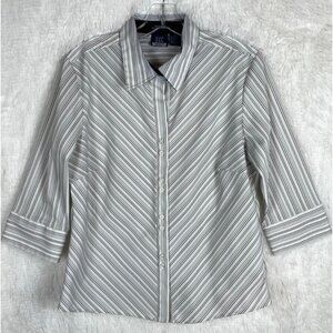 DCC Missy Large 3/4 Sleeve Button Down Shirt Stretch White with Gray Stripes